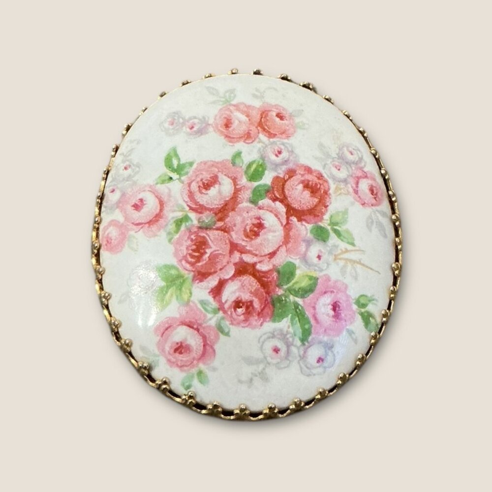 Vintage Floral Porcelain Brooch Pin With Gold-Tone Backing & Pink Rose Design